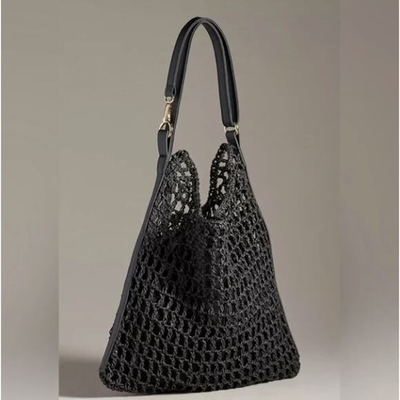 ANTHROPOLOGIE Mesh Net Raffia Shoulder Bag Black NWT - Picture 1 of 3